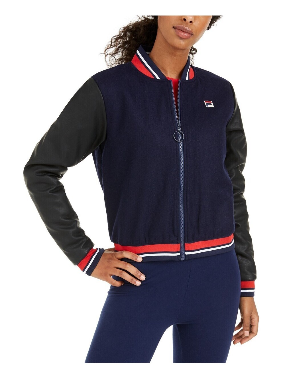Fila Womens Anais Varsity-Stripe Bomber Jacket Size XL